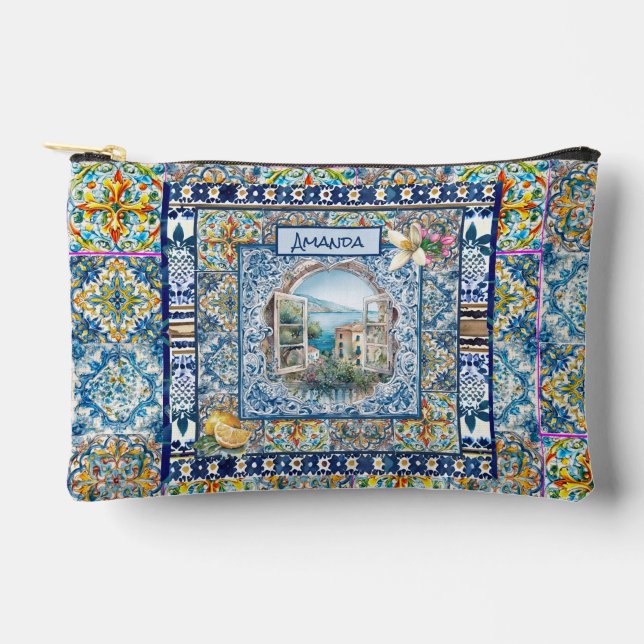 summer italian floral blue tiles citrus monogram d accessory pouch (Front)