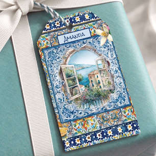 summer italian floral blue tiles citrus monogram gift tags