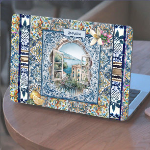 summer italian floral blue tiles citrus monogram HP laptop skin