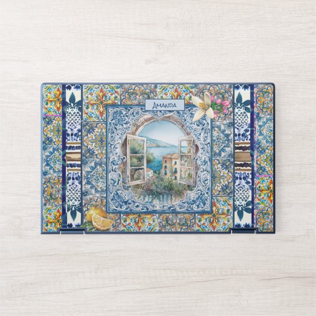 summer italian floral blue tiles citrus monogram HP laptop skin (Front)