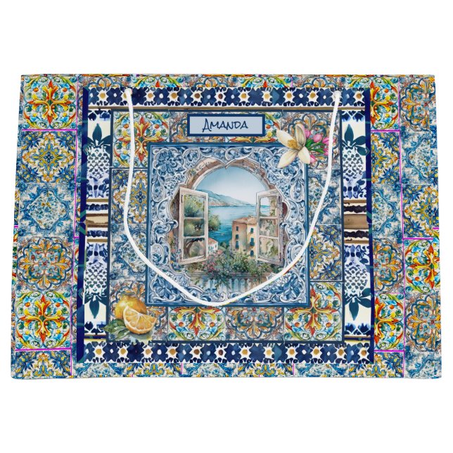 summer italian floral blue tiles citrus monogram large gift bag (Front)