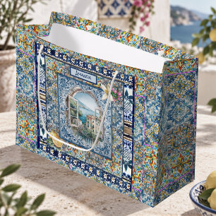summer italian floral blue tiles citrus monogram large gift bag