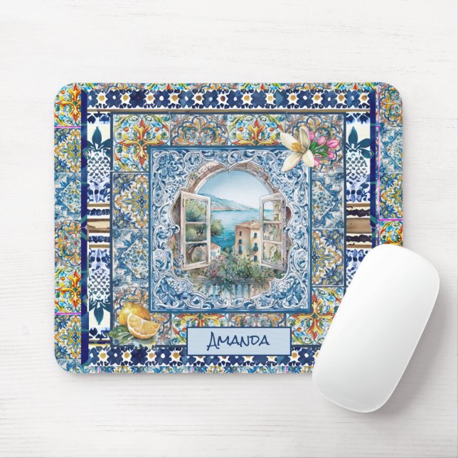 summer italian floral blue tiles citrus monogram mouse pad (With Mouse)