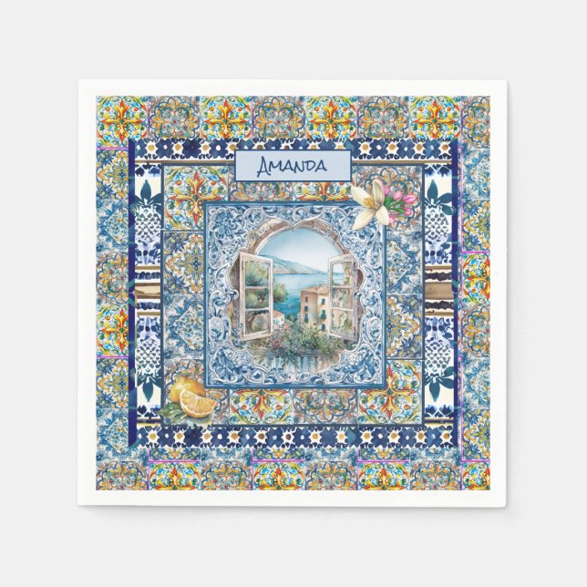 summer italian floral blue tiles citrus monogram napkins (Front)