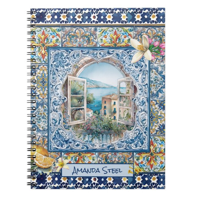 summer italian floral blue tiles citrus monogram notebook (Front)