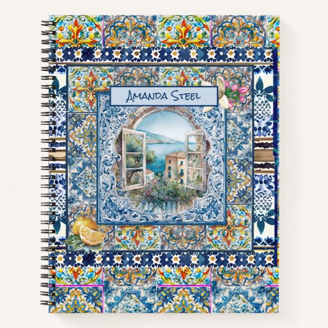 summer italian floral blue tiles citrus monogram notebook (Front)