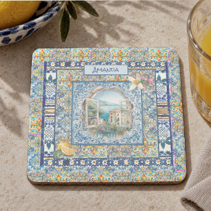 summer italian floral blue tiles citrus monogram stone coaster