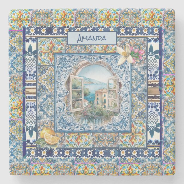 summer italian floral blue tiles citrus monogram stone coaster (Front)