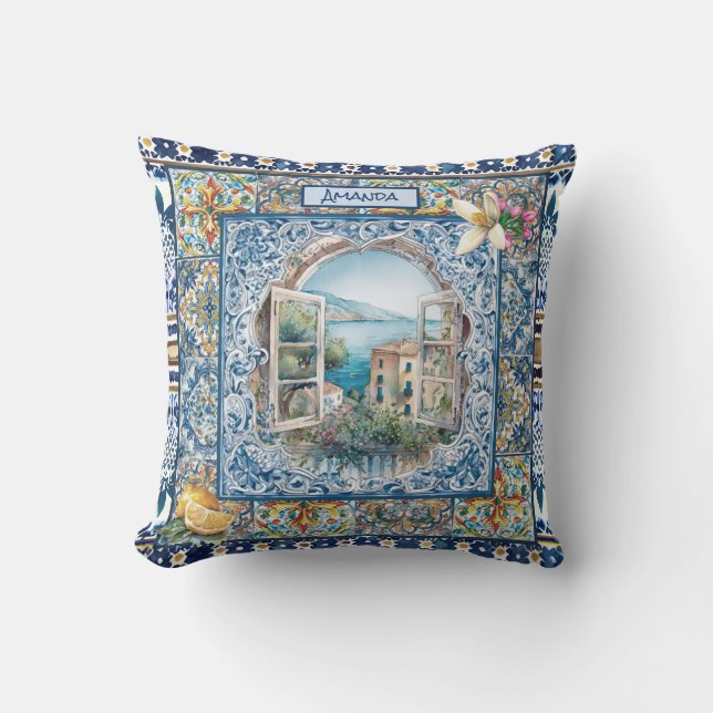 summer italian floral blue tiles citrus monogram throw pillow (Front)