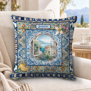summer italian floral blue tiles citrus monogram throw pillow