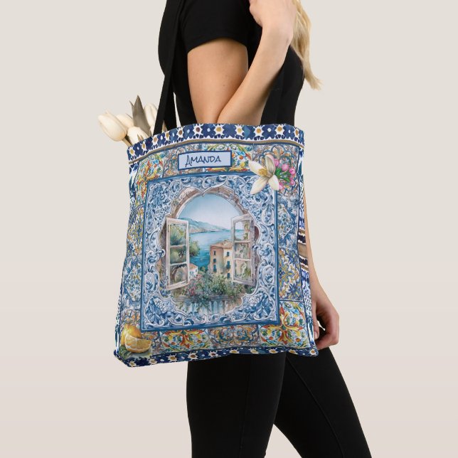 summer italian floral blue tiles citrus monogram tote bag (Close Up)