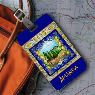summer italian Majolica blue tiles citrus garden Luggage Tag