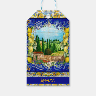 summer italian Majolica blue tiles citrus monogram Gift Tags