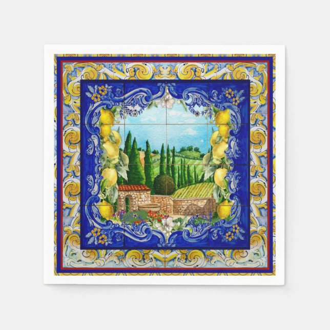 summer italian Majolica blue tiles citrus Napkins (Front)