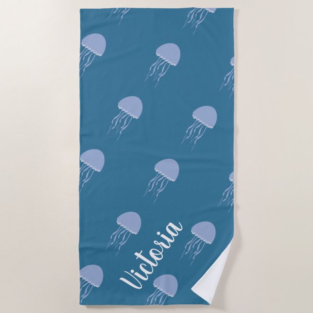 Summer Jellyfish Blue Name Beach Towel (Front)