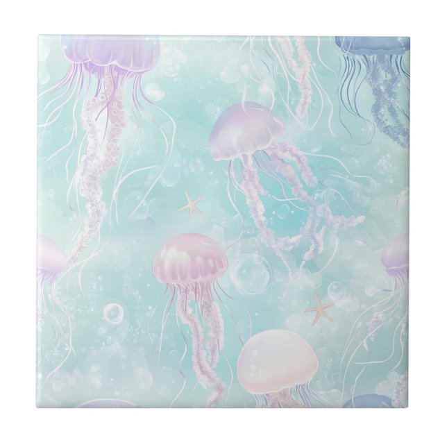 Summer Jellyfish Coastal Pattern Ceramic Tile (Front)