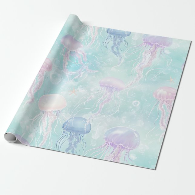 Summer Jellyfish Coastal Pattern Wrapping Paper (Unrolled)