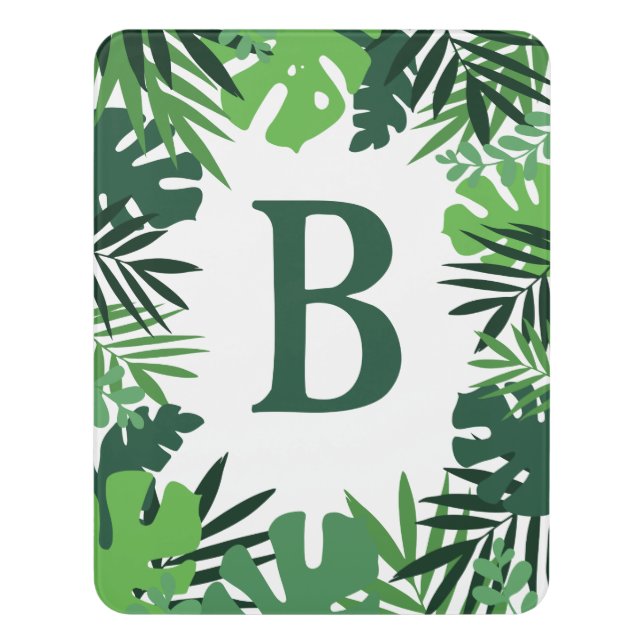 Summer jungle tropical palm leaves monogram door sign (Contemporary Vert)