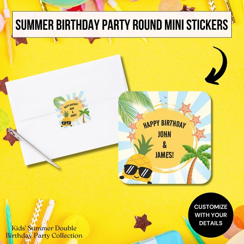 Summer Kids Double Birthday Party Square Sticker