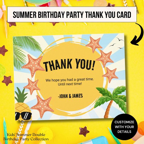 Summer Kids Double Birthday Thank You Postcard