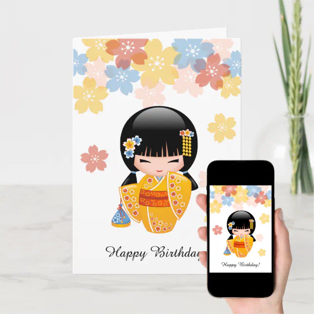 Summer Kokeshi Doll - Cute Japanese Girl Birthday Card | Zazzle