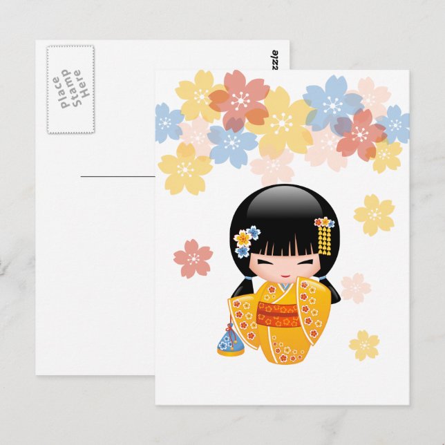 Summer Kokeshi Doll - Yellow Kimono Best Wishes Postcard (Front/Back)