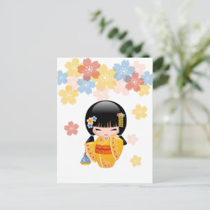 Summer Kokeshi Doll - Yellow Kimono Best Wishes Postcard