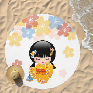 Summer Kokeshi Doll Yellow Kimono Geisha Girl Beach Towel