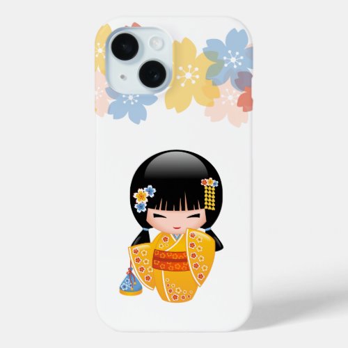Summer Kokeshi Doll _ Yellow Kimono Geisha Girl iPhone 15 Case