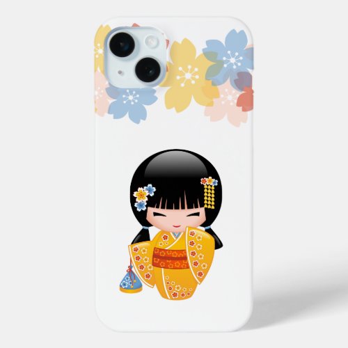 Summer Kokeshi Doll _ Yellow Kimono Geisha Girl iPhone 15 Plus Case