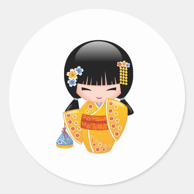Summer Kokeshi Doll - Yellow Kimono Geisha Girl Classic Round Sticker (Front)