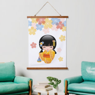 Summer Kokeshi Doll - Yellow Kimono Geisha Girl Hanging Tapestry