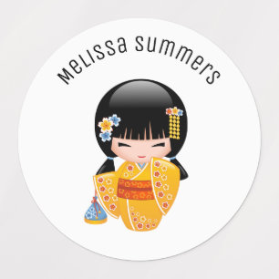 Summer Kokeshi Doll - Yellow Kimono Geisha Girl Kids' Labels