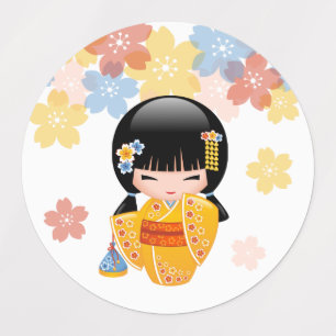 Summer Kokeshi Doll - Yellow Kimono Geisha Girl Kids' Labels