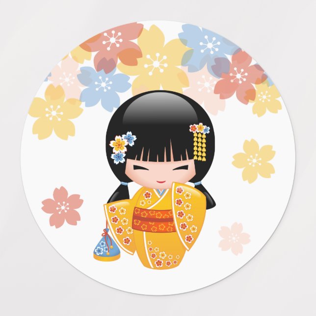 Summer Kokeshi Doll - Yellow Kimono Geisha Girl Kids' Labels (Design 1)