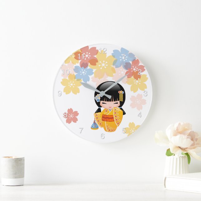 Summer Kokeshi Doll - Yellow Kimono Geisha Girl  Large Clock (Home)