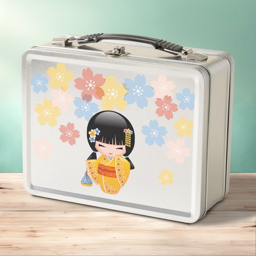 Summer Kokeshi Doll _ Yellow Kimono Geisha Girl Metal Lunch Box