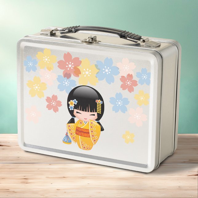 Summer Kokeshi Doll - Yellow Kimono Geisha Girl Metal Lunch Box (Creator Uploaded)