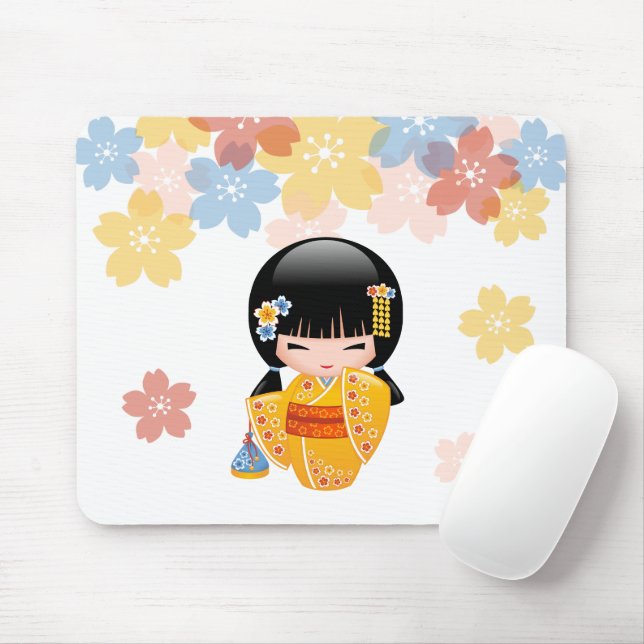 Summer Kokeshi Doll - Yellow Kimono Geisha Girl Mouse Pad (With Mouse)