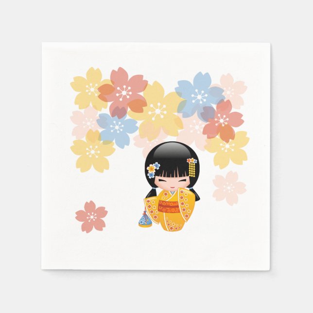 Summer Kokeshi Doll - Yellow Kimono Geisha Girl Napkins (Front)