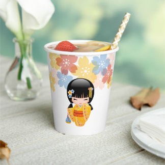 Summer Kokeshi Doll - Yellow Kimono Geisha Girl Paper Cups