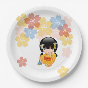 Summer Kokeshi Doll - Yellow Kimono Geisha Girl Paper Plates