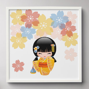 Summer Kokeshi Doll Yellow Kimono Geisha Girl Peel And Stick Photo Tile