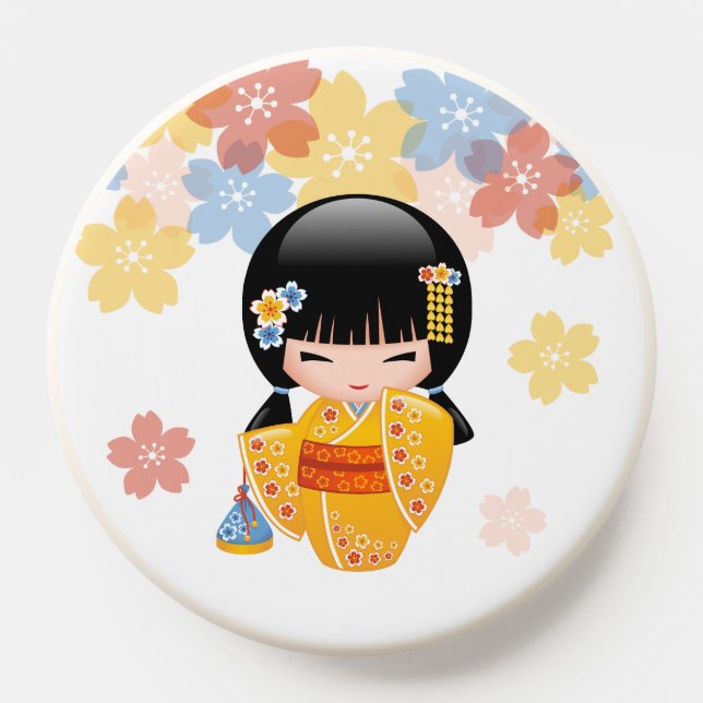 Summer Kokeshi Doll Yellow Kimono Geisha Girl PopSocket (Popsocket)