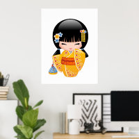 Summer Kokeshi Doll - Yellow Kimono Geisha Girl