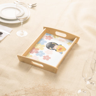 Summer Kokeshi Doll - Yellow Kimono Geisha Girl Serving Tray