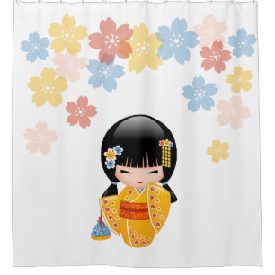Summer Kokeshi Doll Yellow Kimono Geisha Girl Shower Curtain
