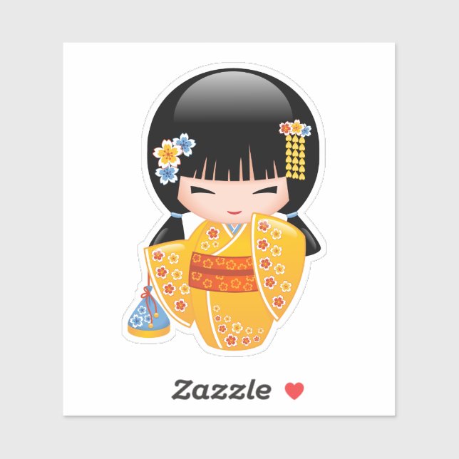 Summer Kokeshi Doll - Yellow Kimono Geisha Girl Sticker (Sheet)