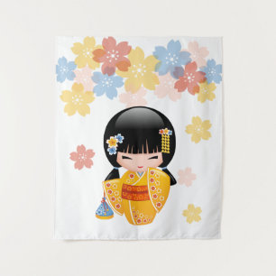 Summer Kokeshi Doll - Yellow Kimono Geisha Girl Tapestry