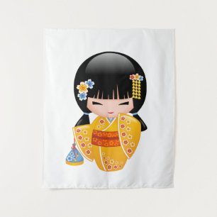 Summer Kokeshi Doll - Yellow Kimono Geisha Girl Tapestry